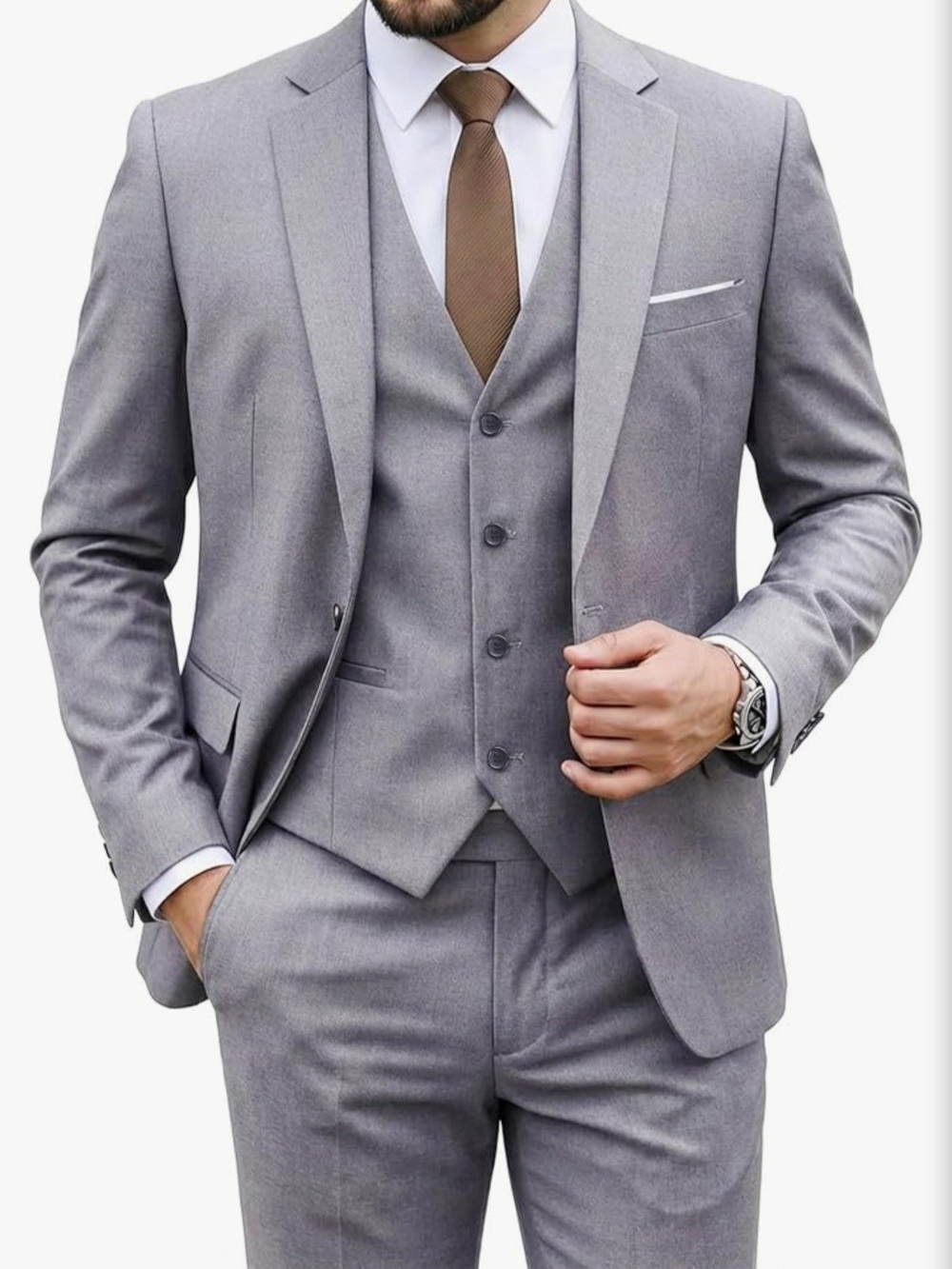 3 Piece 1-Button Suit Mens Grey Polyester Sz M. Vest Slacks Jacket. Good, FLAWS